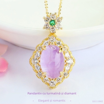 Pandantiv cu cristal de ametist, pietre laterale zircon, cupru placat cu aur, brand Jianyu