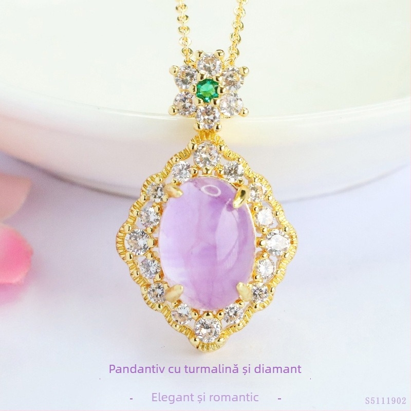 Pandantiv cu cristal de ametist, pietre laterale zircon, cupru placat cu aur, brand Jianyu