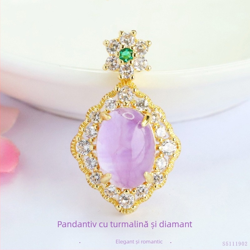 Pandantiv cu cristal de ametist, pietre laterale zircon, cupru placat cu aur, brand Jianyu