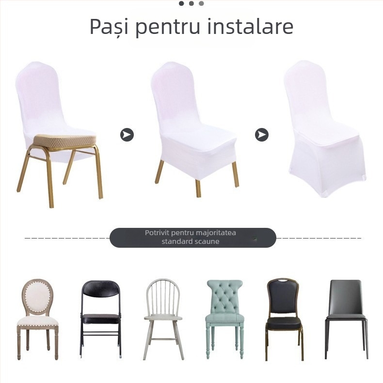 Husă scaun – elastic îngroșat din țesătură Oxford; pentru scaune de hotel, banchet și nuntă; universală pentru restaurante și scaune de dining. Material: 95% poliester + 5% spandex; Categoria: Husă pentru scaun; Stil: Hotel; Cutie: 80 de bucăți/ cutie