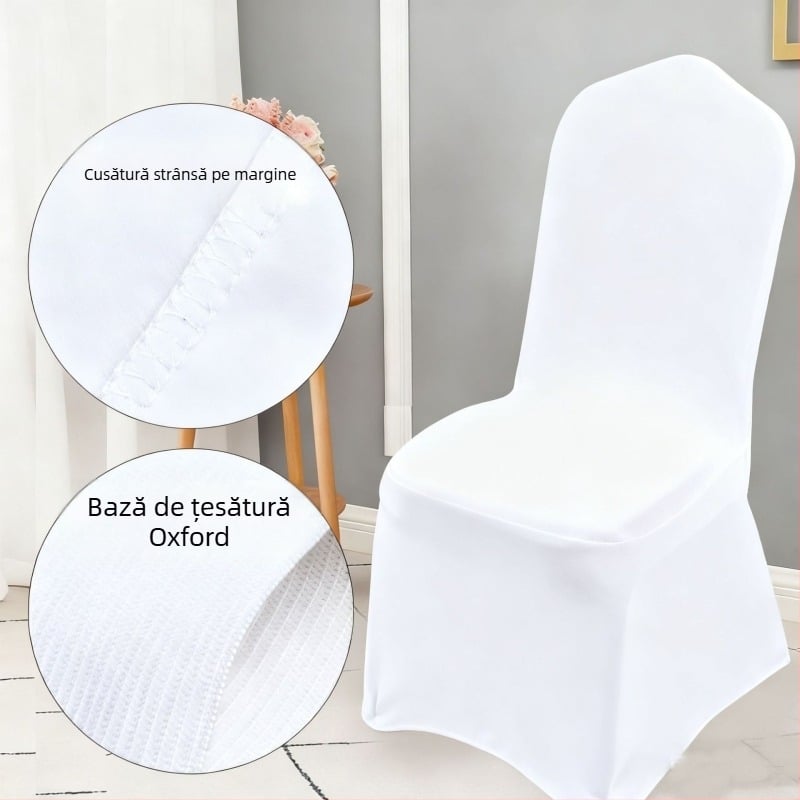 Husă scaun – elastic îngroșat din țesătură Oxford; pentru scaune de hotel, banchet și nuntă; universală pentru restaurante și scaune de dining. Material: 95% poliester + 5% spandex; Categoria: Husă pentru scaun; Stil: Hotel; Cutie: 80 de bucăți/ cutie