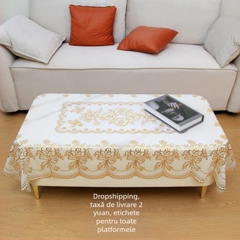 Față de masă, stil european din PVC cu folie bronzată, dreptunghiulară, impermeabilă, model plante și flori