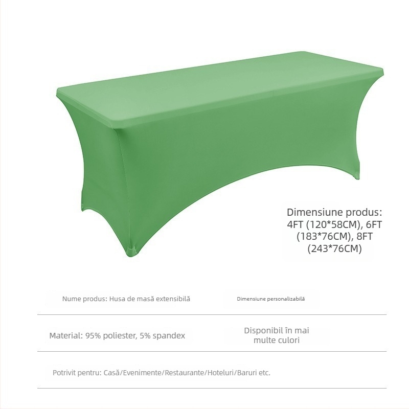 Husă de masă pentru conferințe, elastică, dreptunghiulară pentru nunți; Material: Milk Silk; Compoziție principală: 95% poliester, 5% elastan; Formă: dreptunghiulară; Stil: nunta; Funcții: anti-derapare, rezistentă la uzură