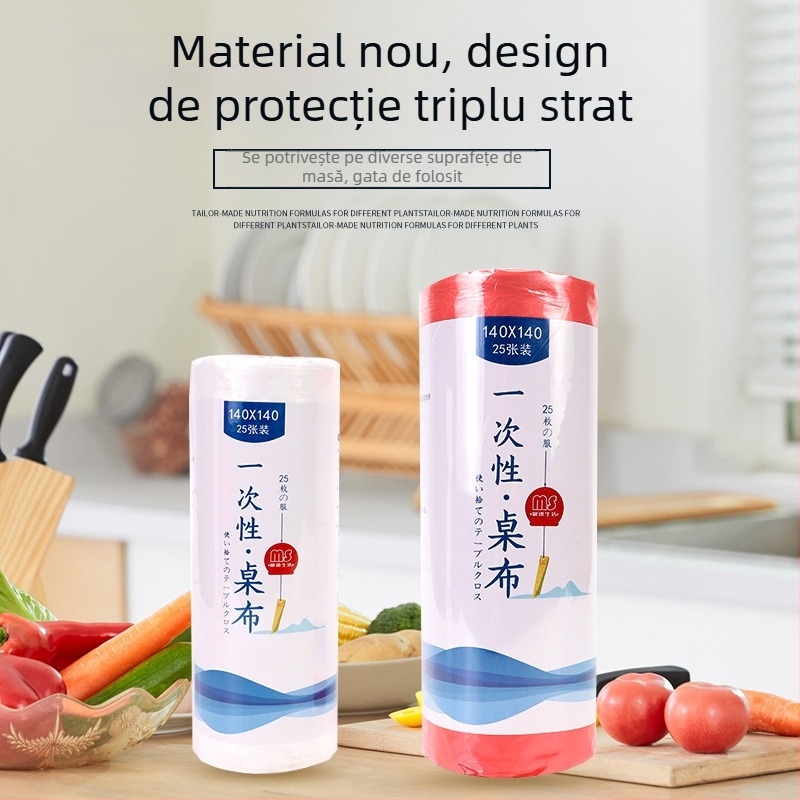 Față de masă de unică folosință pe role, din plastic (PE), dreptunghiulară, grosime 0.7, rezistentă la ulei și scurgeri