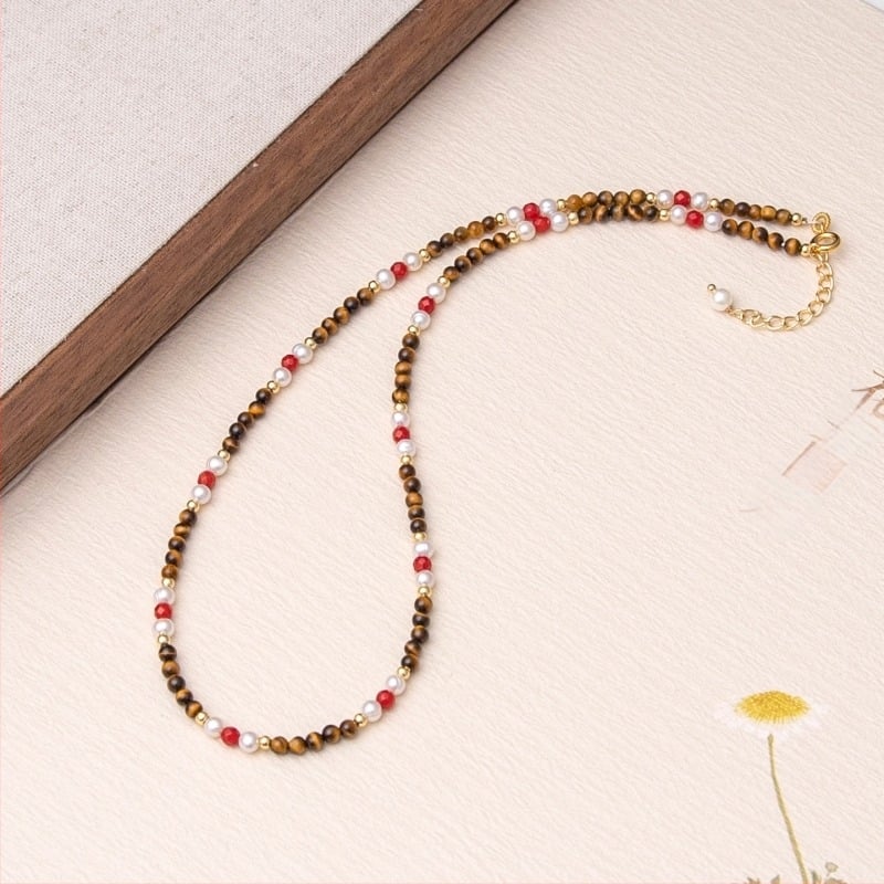 Colier cu ochi de tigru, cupru placat cu aur, lanț cu mărgele, design geometric, lungime 31-40 cm, pentru femei, lucrat manual