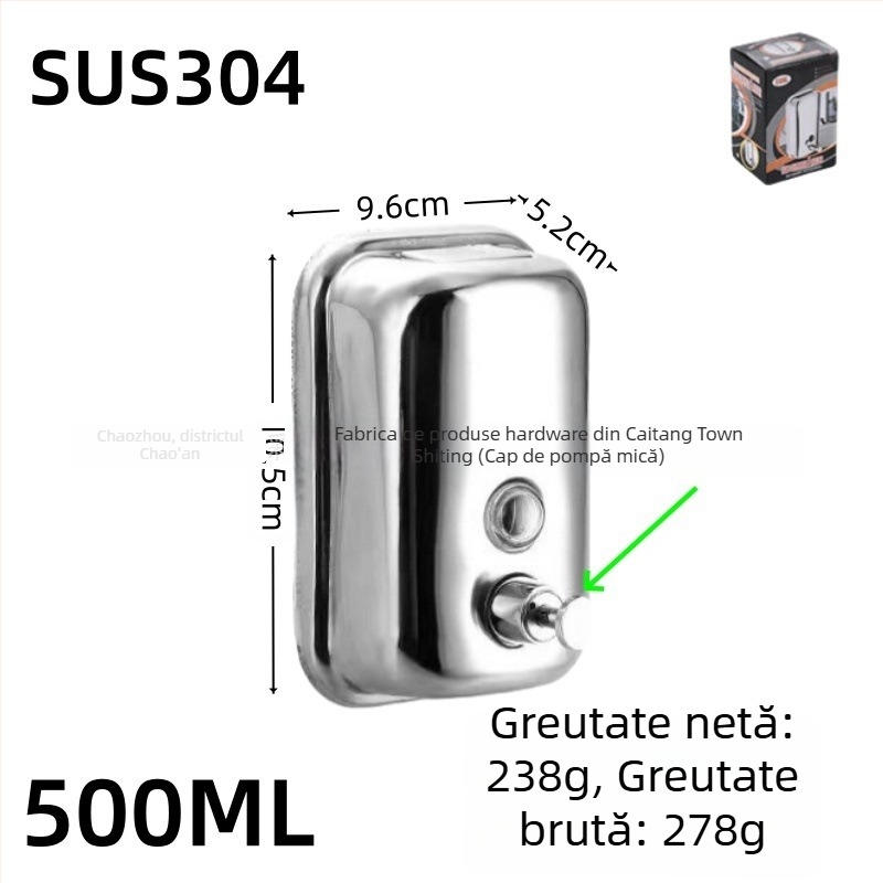 Dispenser de săpun din oțel inoxidabil, montat pe perete, acționare prin apăsare, oțel inoxidabil 304, finisaj negru periat, design modern minimalist