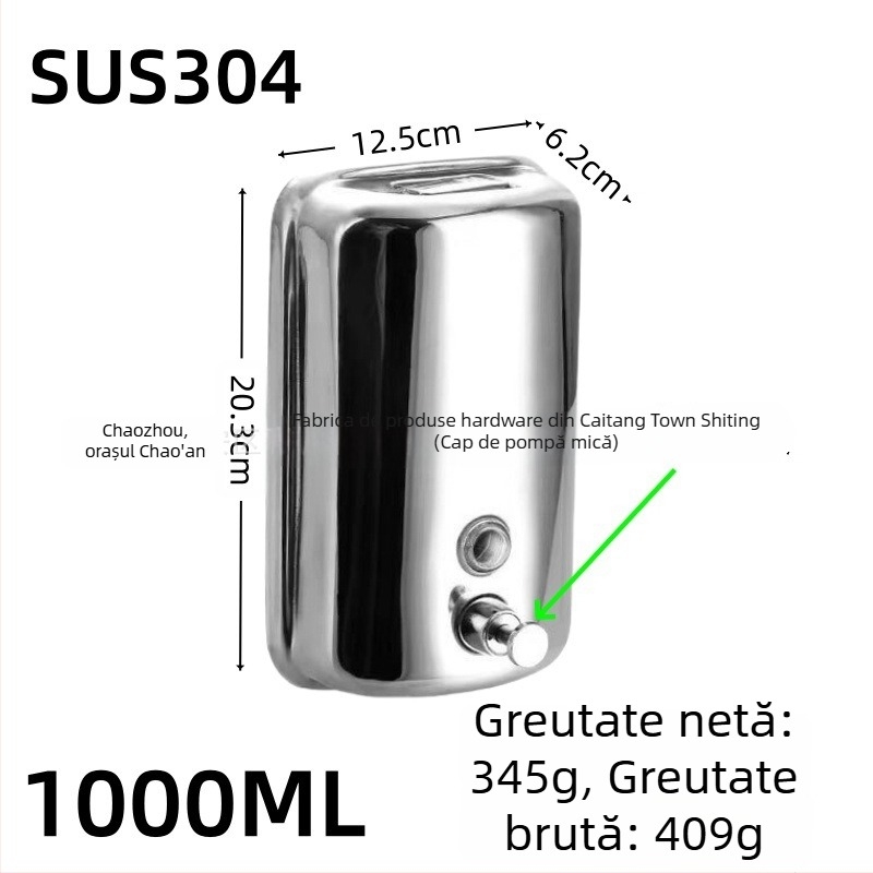 Dispenser de săpun din oțel inoxidabil, montat pe perete, acționare prin apăsare, oțel inoxidabil 304, finisaj negru periat, design modern minimalist