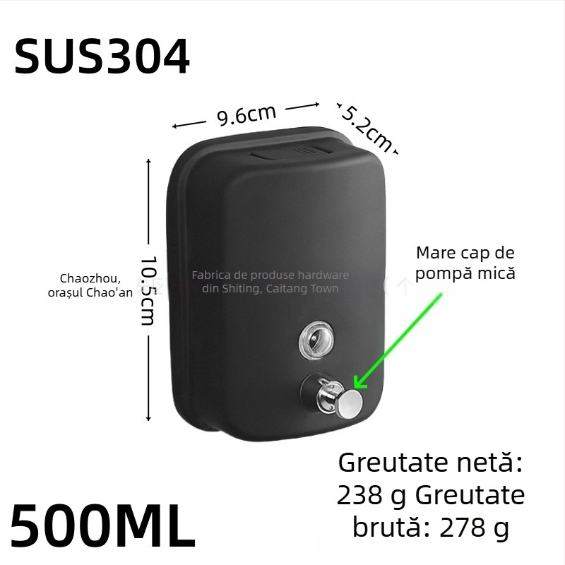 Dispenser de săpun din oțel inoxidabil, montat pe perete, acționare prin apăsare, oțel inoxidabil 304, finisaj negru periat, design modern minimalist