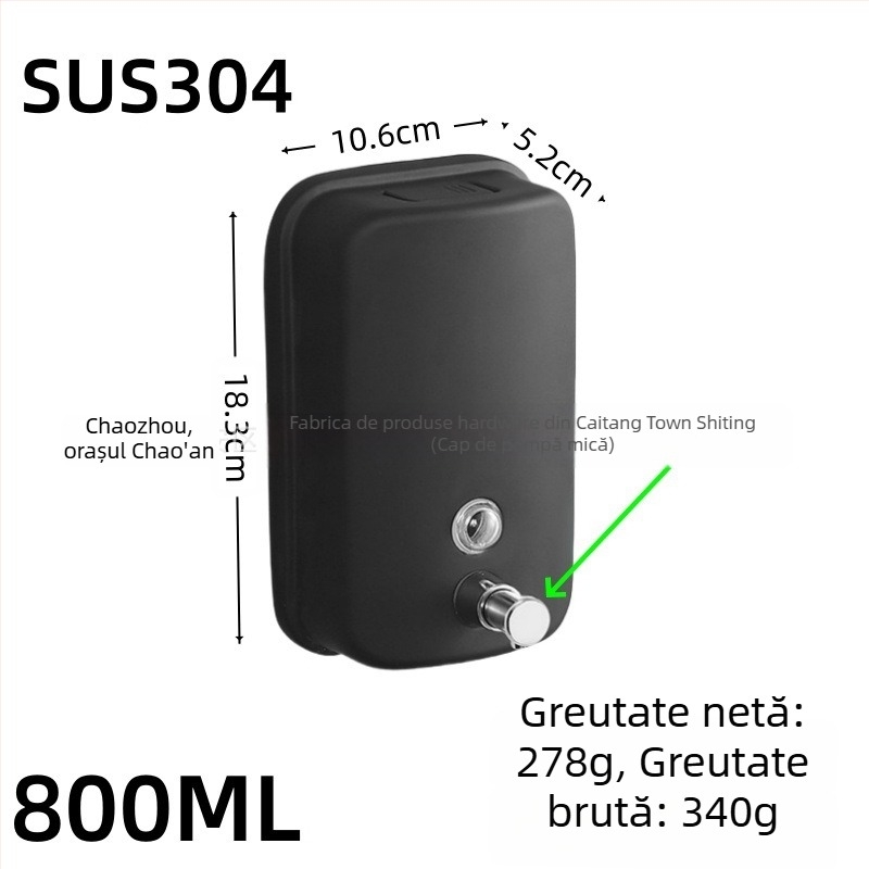 Dispenser de săpun din oțel inoxidabil, montat pe perete, acționare prin apăsare, oțel inoxidabil 304, finisaj negru periat, design modern minimalist