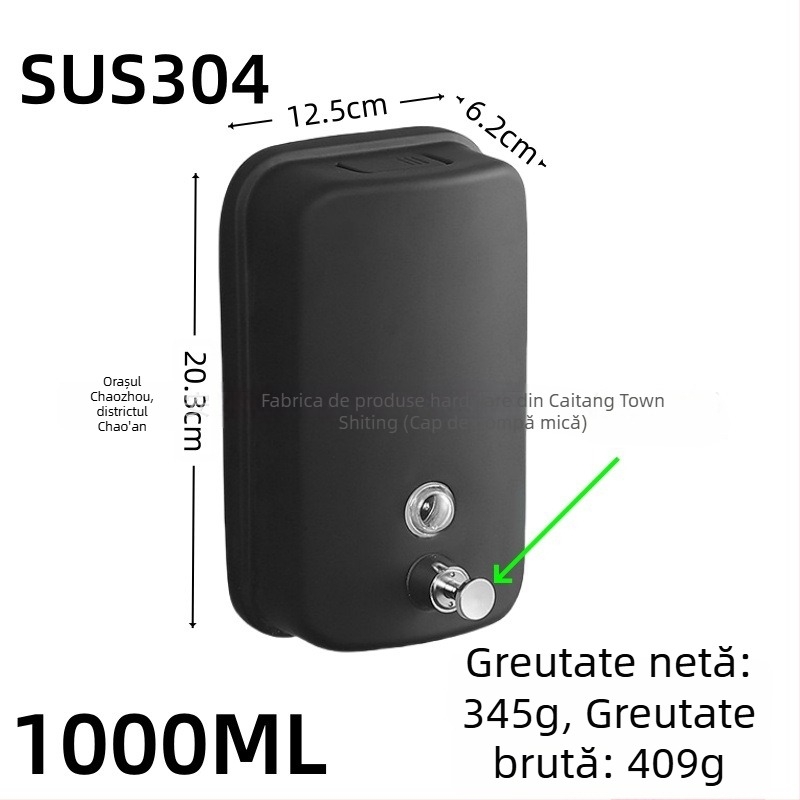 Dispenser de săpun din oțel inoxidabil, montat pe perete, acționare prin apăsare, oțel inoxidabil 304, finisaj negru periat, design modern minimalist