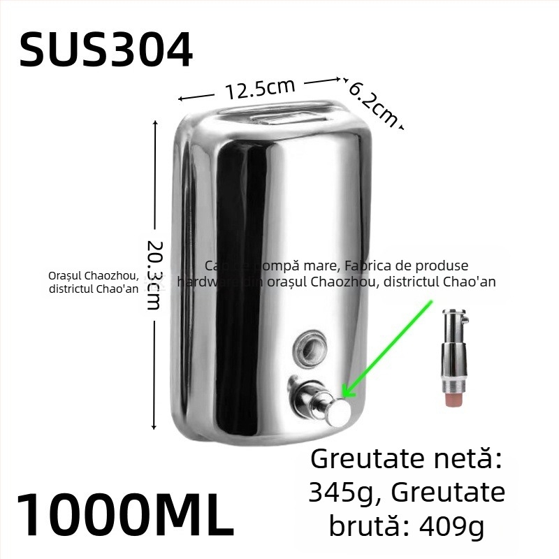 Dispenser de săpun din oțel inoxidabil, montat pe perete, acționare prin apăsare, oțel inoxidabil 304, finisaj negru periat, design modern minimalist