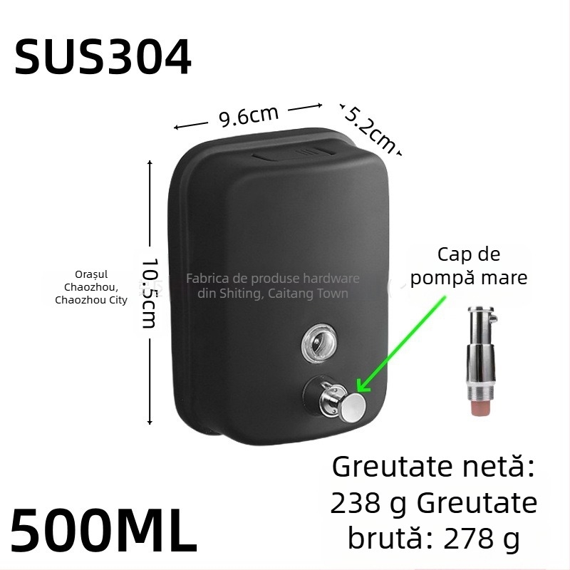 Dispenser de săpun din oțel inoxidabil, montat pe perete, acționare prin apăsare, oțel inoxidabil 304, finisaj negru periat, design modern minimalist