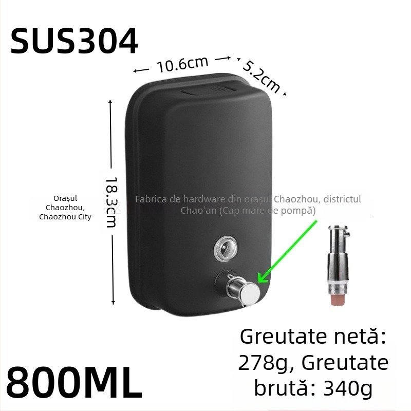 Dispenser de săpun din oțel inoxidabil, montat pe perete, acționare prin apăsare, oțel inoxidabil 304, finisaj negru periat, design modern minimalist