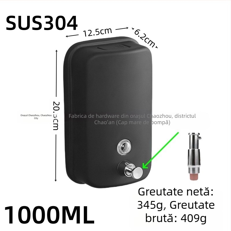 Dispenser de săpun din oțel inoxidabil, montat pe perete, acționare prin apăsare, oțel inoxidabil 304, finisaj negru periat, design modern minimalist