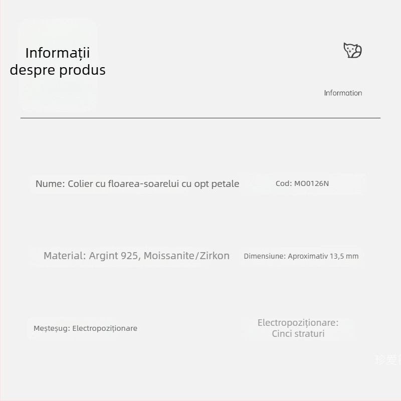 Colier din argint 925 cu Moissanite, pandantiv floare de floarea-soarelui cu opt petale, lanț în formă de O, reglabil 21–50 cm