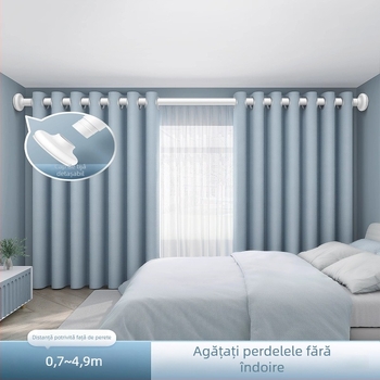 Șină telescopică pentru perdele, montaj lateral cu cârlige, instalare silențioasă, fără cui; compatibilă cu bara romană și cu șinele de alunecare