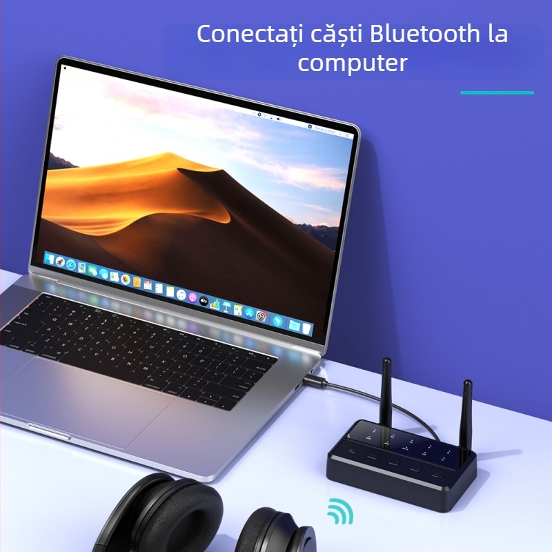 Adaptor Bluetooth audio B68 — Transmițător și receptor, Bluetooth 5.4, interfețe AUX/3.5mm/RCA, Plug & Play, alimentare externă, rază de până la 10 m
