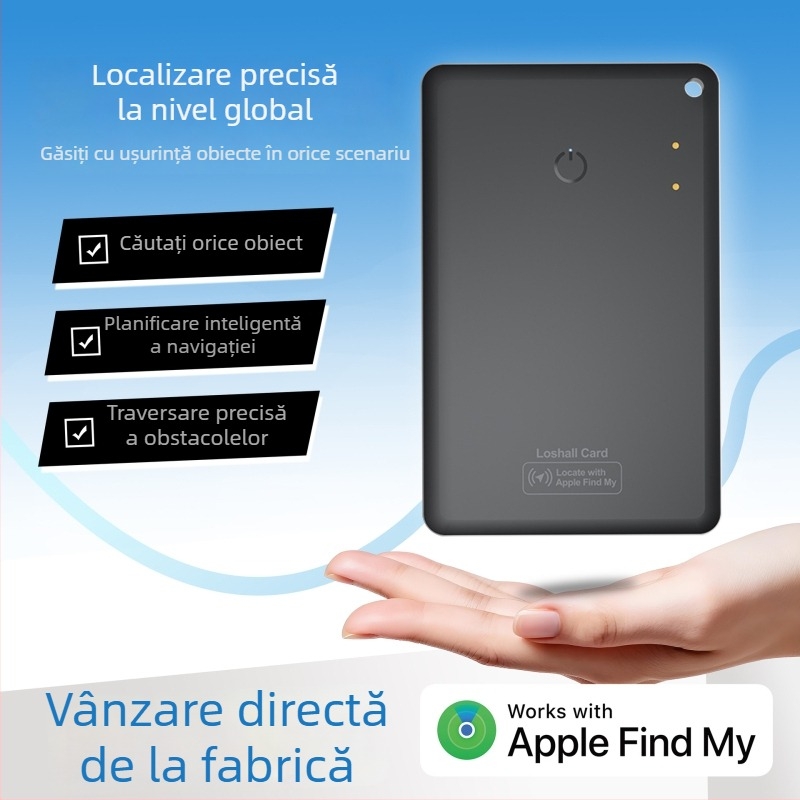 Locator de tip card pentru iOS cu funcție magnetic anti‑loss, pentru portofel și pașaport; localizare globală precisă, dimensiuni 86×54×2,43 mm, greutate 18,2 g