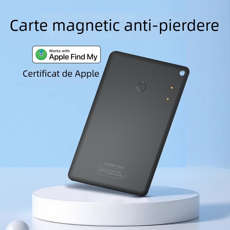 Locator de tip card pentru iOS cu funcție magnetic anti‑loss, pentru portofel și pașaport; localizare globală precisă, dimensiuni 86×54×2,43 mm, greutate 18,2 g