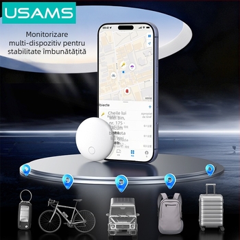Mini dispozitiv anti-pierdere, compatibil cu iOS, rază 12–15 m, baterie 230 mAh, greutate 25 g, include husă de depozitare, PU leather + ABS