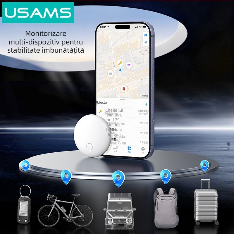 Mini dispozitiv anti-pierdere, compatibil cu iOS, rază 12–15 m, baterie 230 mAh, greutate 25 g, include husă de depozitare, PU leather + ABS