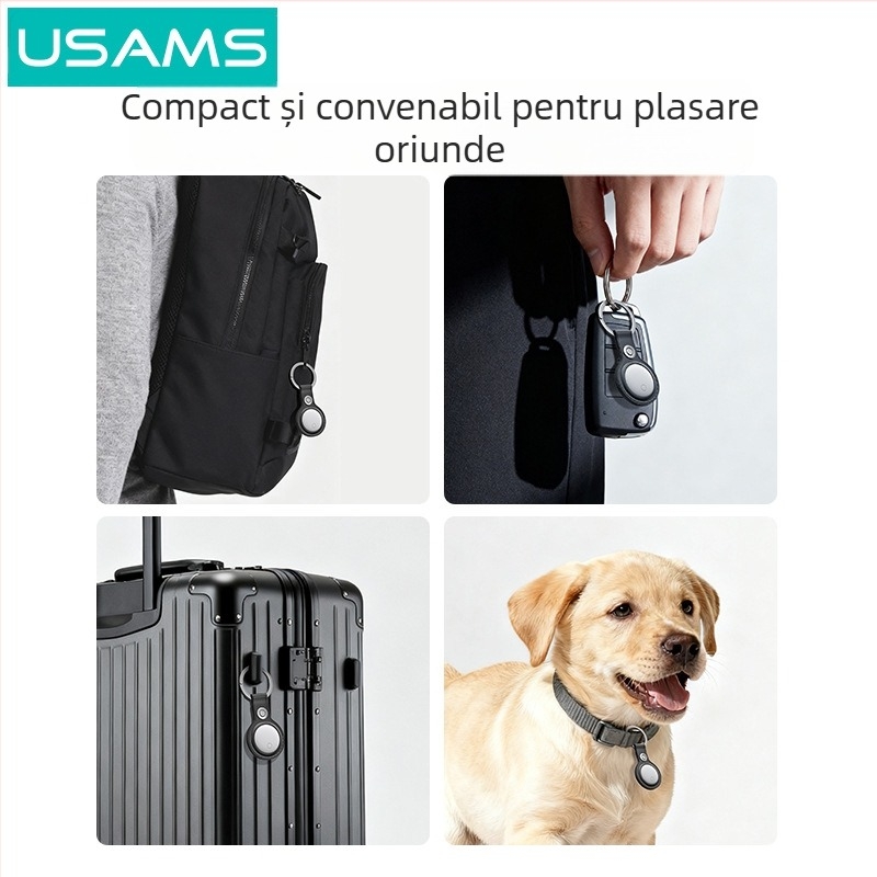 Mini dispozitiv anti-pierdere, compatibil cu iOS, rază 12–15 m, baterie 230 mAh, greutate 25 g, include husă de depozitare, PU leather + ABS