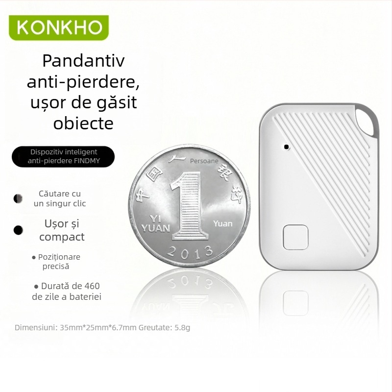 Tracker anti-pierdere compatibil AirTag în formă de pandantiv, Bluetooth, rază ~50 m, baterie CR2025 3V, carcasă ABS, alarmă