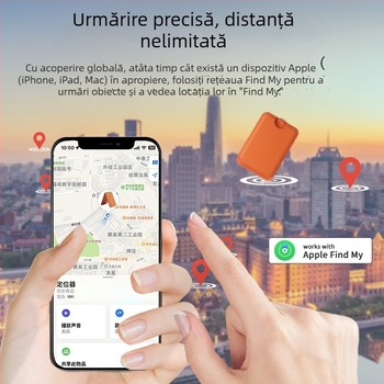 Locator magnetic pentru carduri și telefon, rază 50 m, baterie 120 mAh, încărcare USB-C, compatibil cu iOS, suport magnetic pentru telefon și card