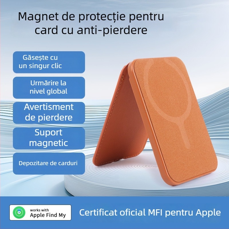 Locator magnetic pentru carduri și telefon, rază 50 m, baterie 120 mAh, încărcare USB-C, compatibil cu iOS, suport magnetic pentru telefon și card
