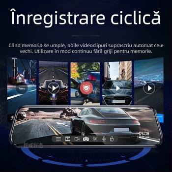 Oglindă retrovizoare auto cu cameră dublă față-spate, ecran tactil, 1296P, unghi de 140°, diafragmă F2.0