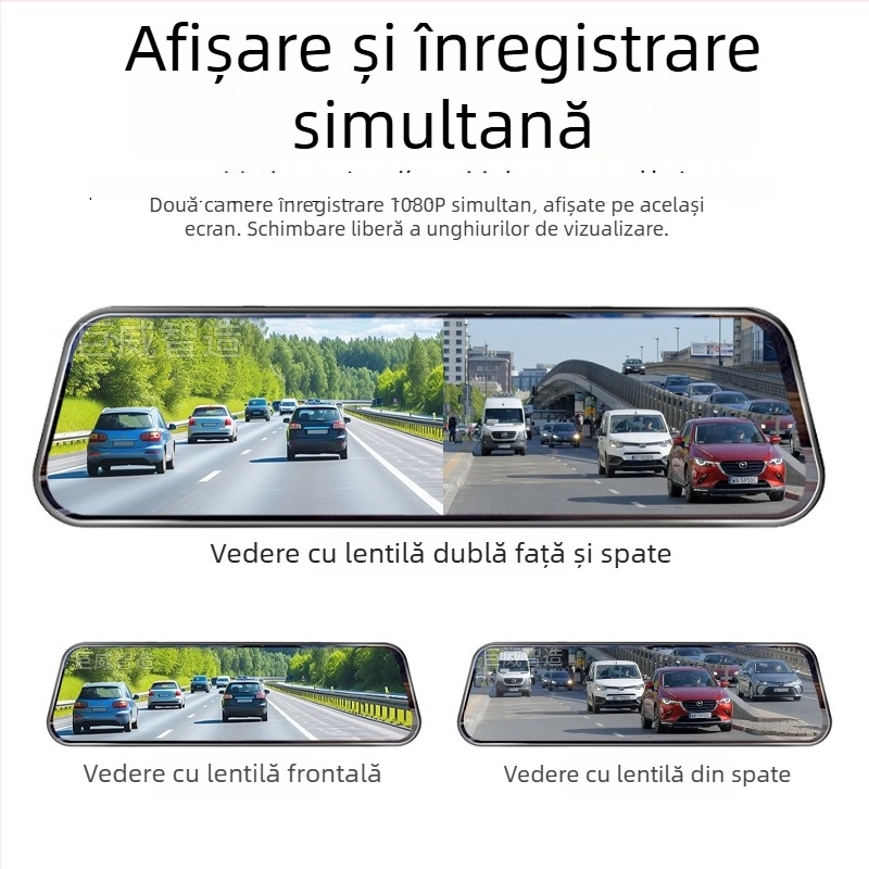 Oglindă retrovizoare auto cu cameră dublă față-spate, ecran tactil, 1296P, unghi de 140°, diafragmă F2.0