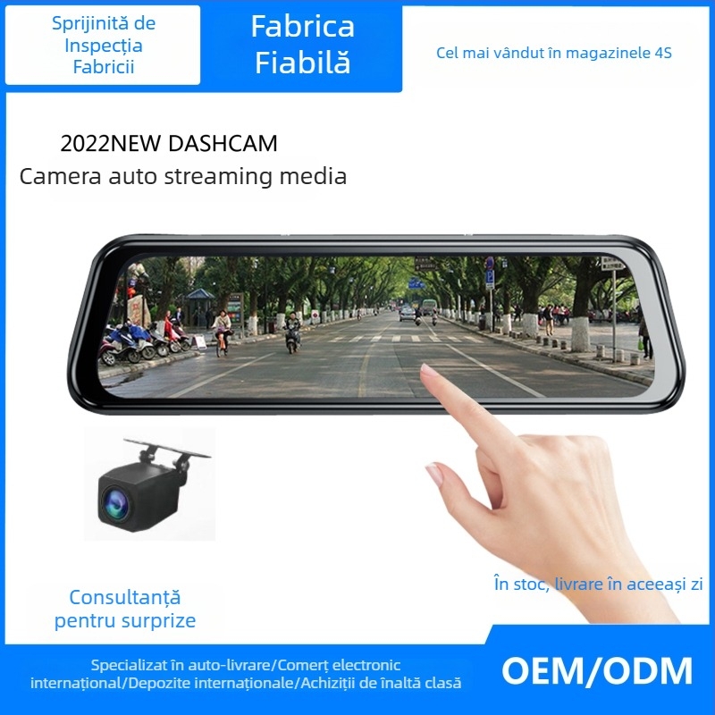 Camera auto cu două lentile în oglinda retrovizoare, ecran de 10 inch, 1080p, unghi de vizualizare 170°, WIFI, stocare pe card TF
