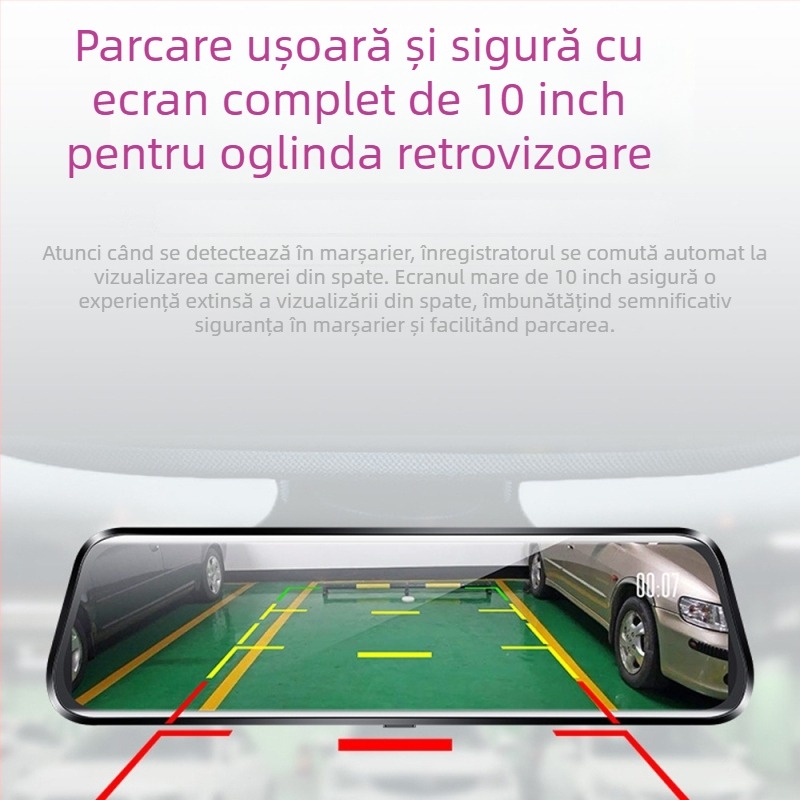 Camera auto cu două lentile în oglinda retrovizoare, ecran de 10 inch, 1080p, unghi de vizualizare 170°, WIFI, stocare pe card TF