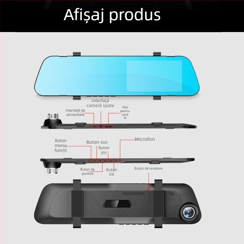 Oglindă retrovizoare auto, cameră video 1080p – înregistrare duală față-spate, monitorizare parcare, imagine la mers înapoi, ecran tactil de 5,5 inch