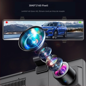 Oglindă retrovizoare de 12 inci, 4K, Wi-Fi, streaming video, vedere nocturnă, cameră dublă, GPS, înregistrare dublă