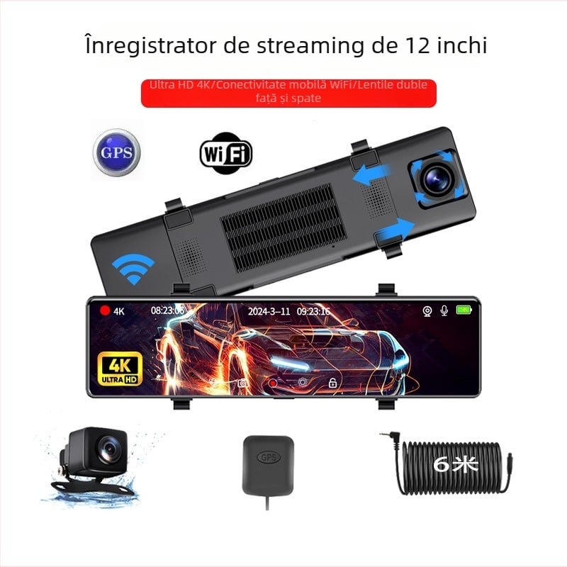 Oglindă retrovizoare de 12 inci, 4K, Wi-Fi, streaming video, vedere nocturnă, cameră dublă, GPS, înregistrare dublă