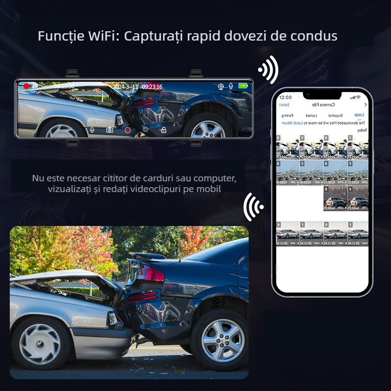 Oglindă retrovizoare de 12 inci, 4K, Wi-Fi, streaming video, vedere nocturnă, cameră dublă, GPS, înregistrare dublă