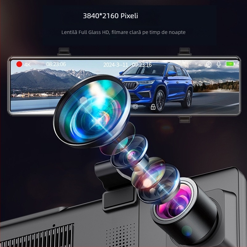 Oglindă retrovizoare de 12 inci, 4K, Wi-Fi, streaming video, vedere nocturnă, cameră dublă, GPS, înregistrare dublă