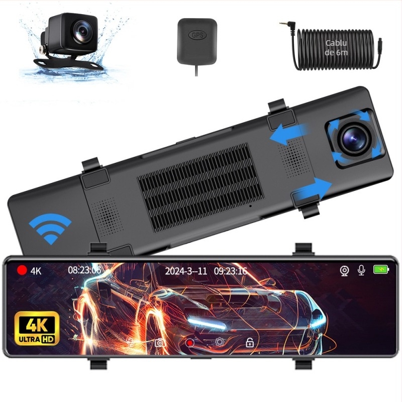 Oglindă retrovizoare de 12 inci, 4K, Wi-Fi, streaming video, vedere nocturnă, cameră dublă, GPS, înregistrare dublă