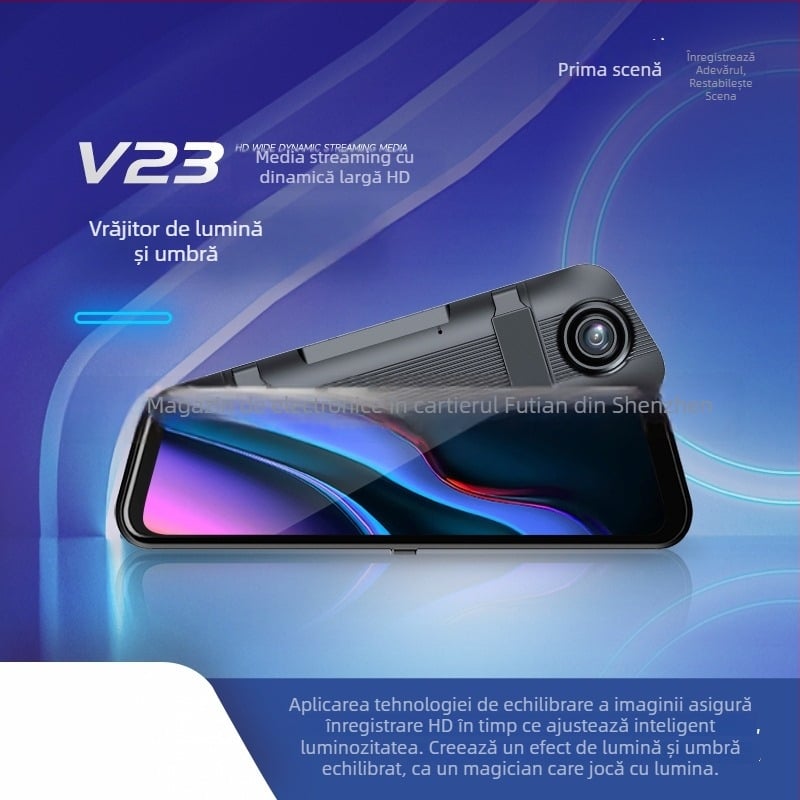 V23 cameră auto cu lentile duale, unghi de cuprindere 170°, 12MP, înregistrare în buclă, viziune nocturnă