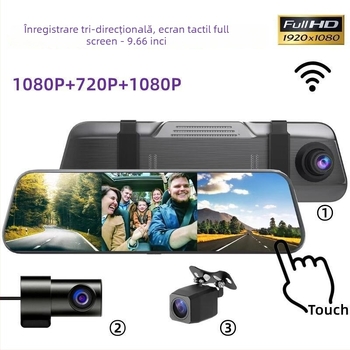 Cameră de bord streaming cu trei lentile, 1080p, unghi de 170°, Wi-Fi, montare pe oglinda retrovizoare