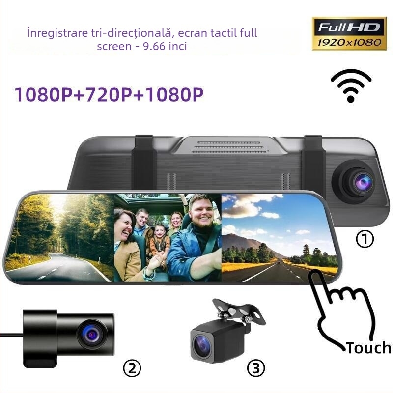 Cameră de bord streaming cu trei lentile, 1080p, unghi de 170°, Wi-Fi, montare pe oglinda retrovizoare