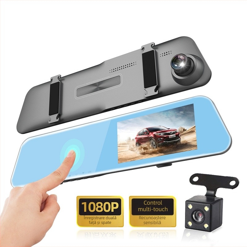 Camera de bord cu canal frontal și posterior, 1080p HD vedere de noapte, unghi de vizualizare 140°, înregistrare în buclă și monitorizare parcare