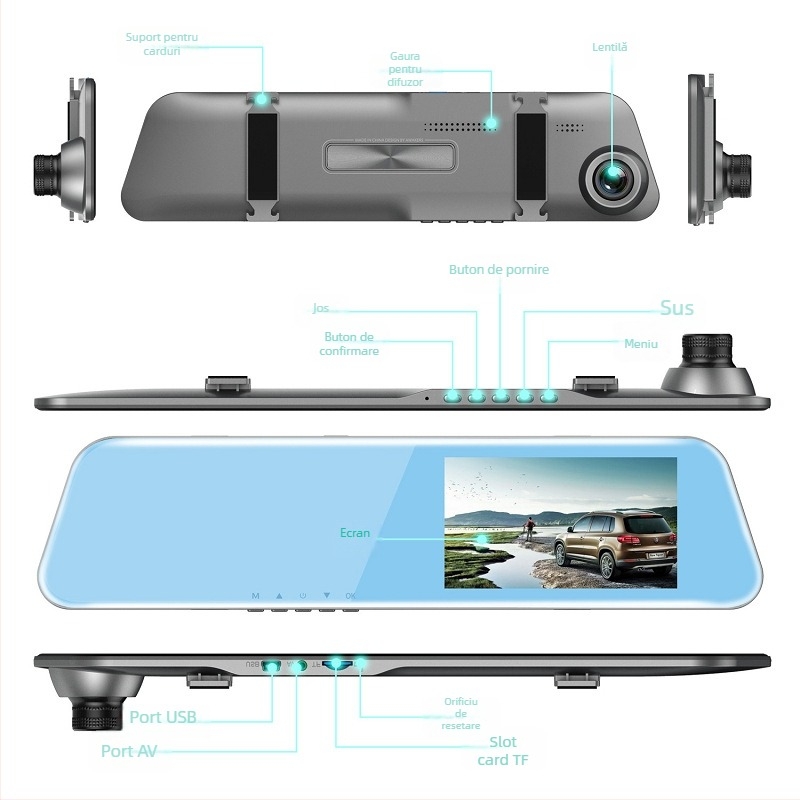 Camera de bord cu canal frontal și posterior, 1080p HD vedere de noapte, unghi de vizualizare 140°, înregistrare în buclă și monitorizare parcare