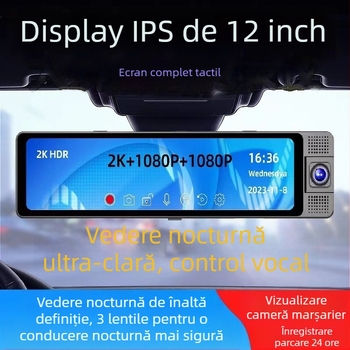 oglindă retrovizoare de 12 inch, cu 3 lentile: față, spate și interior, înregistrare HD, vedere nocturnă