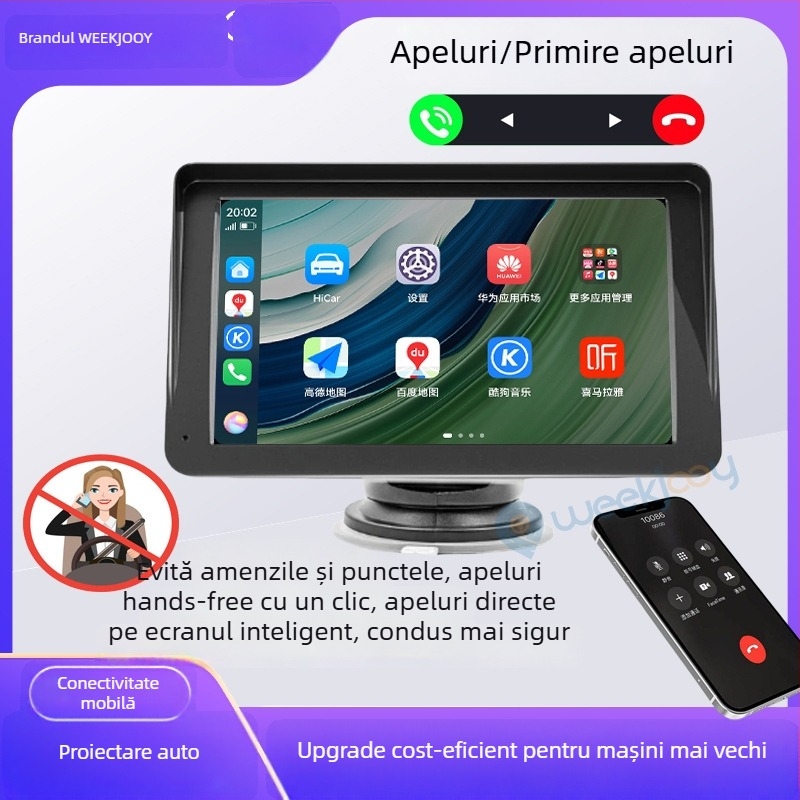 Ecran inteligent montat pe vehicul cu proiecție wireless, model X70, Linux OS, quad-core, acceptă Apple CarPlay și Huawei HiCar, hărți Amap/Baidu/Tencent