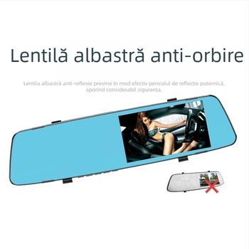 Cameră de oglindă pentru mașină cu obiectiv dual, unghi de vizualizare 170°, 12MP senzor, înregistrare buclă, suportă card TF până la 32GB, USB/HDMI/AV, alimentare 12–24V