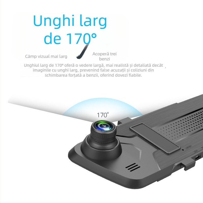 Cameră de oglindă pentru mașină cu obiectiv dual, unghi de vizualizare 170°, 12MP senzor, înregistrare buclă, suportă card TF până la 32GB, USB/HDMI/AV, alimentare 12–24V