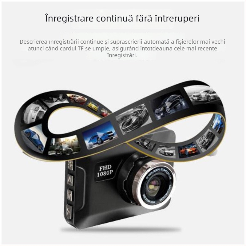 DVR auto cu rezoluție 1080p, vedere nocturnă, unghi de cuprindere 170°, detecție de mișcare, înregistrare în buclă