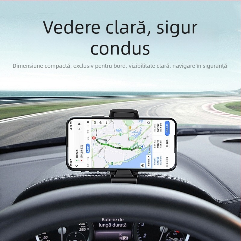 Suport pentru telefon pentru panoul de instrumente auto cu HUD vedere directă, ABS, rotație 360°, braț consolă centrală